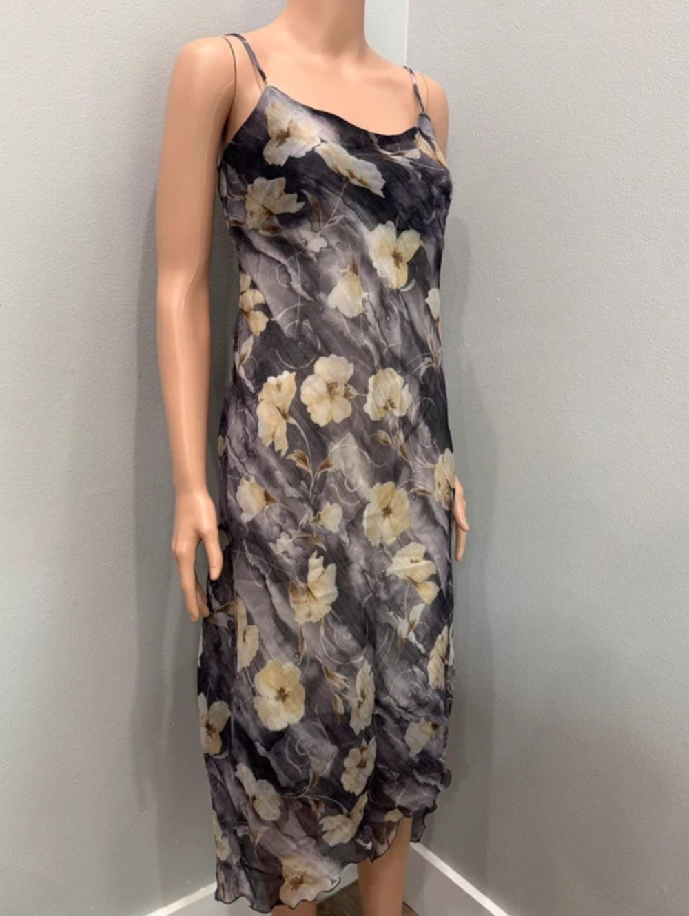Kasper Floral Midi Dress Gray Cream Chiffon Asymmetrical Lettuce Hem Large